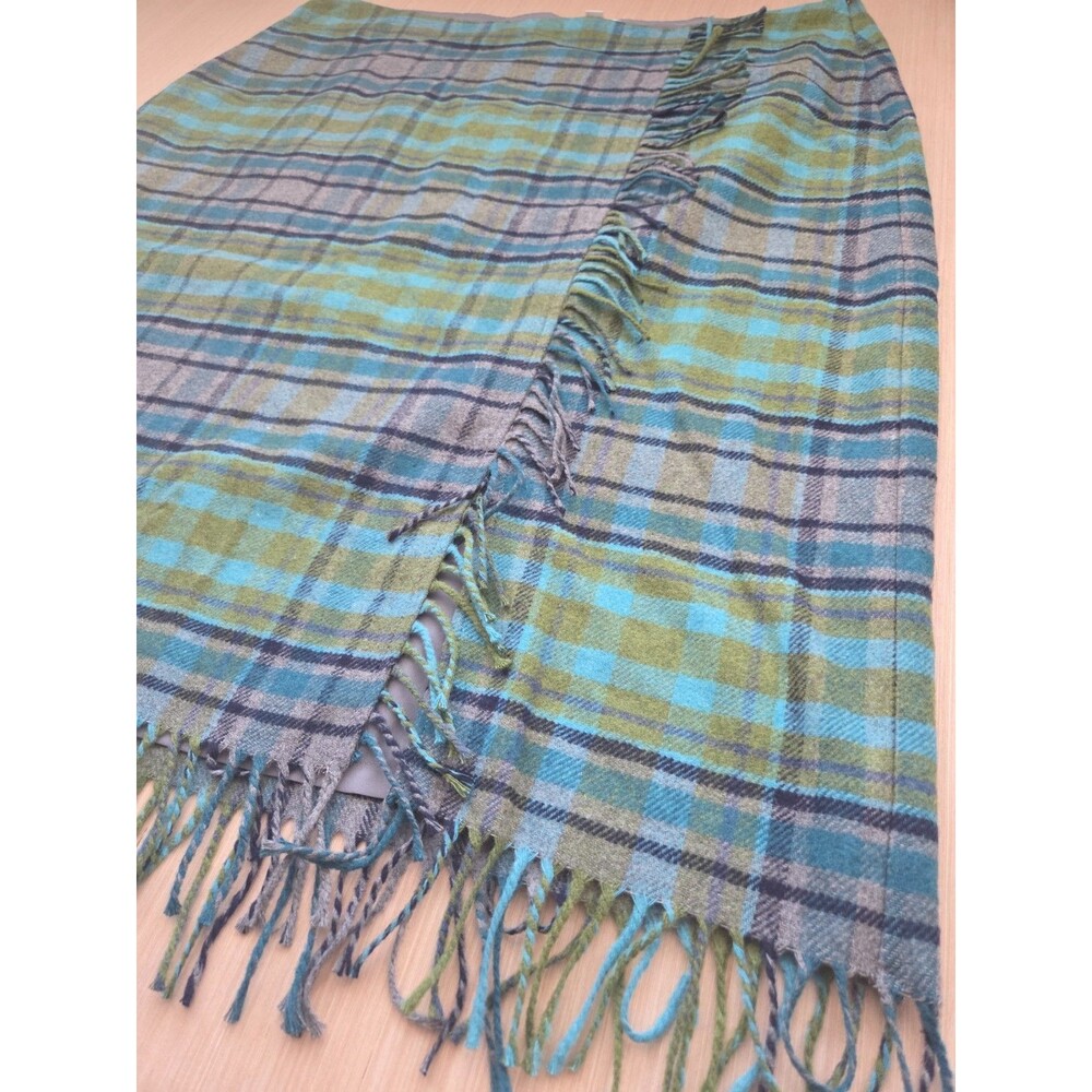 J. Jill Women's Plaid Skirt Wool Blend Wrap Fringe Gray Green Blue Fall 22W New